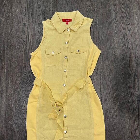NWOT Guess Los Angeles Linen Blend Yellow Collared Utility Tie Waist Dress Sz M - Picture 3 of 9